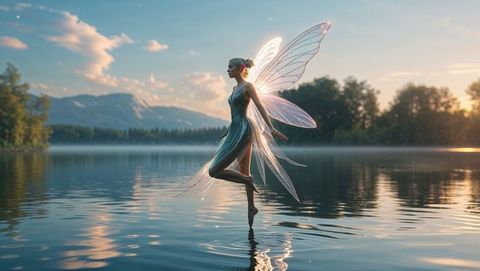 Mystical Fairy at Dusk with Glowing Wings over Mountain Lake