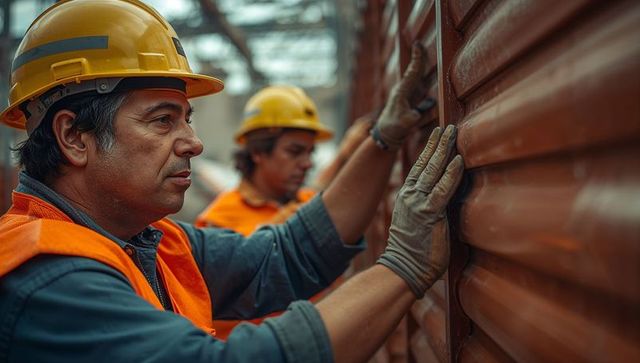 Workers inspecting metal panels at construction site