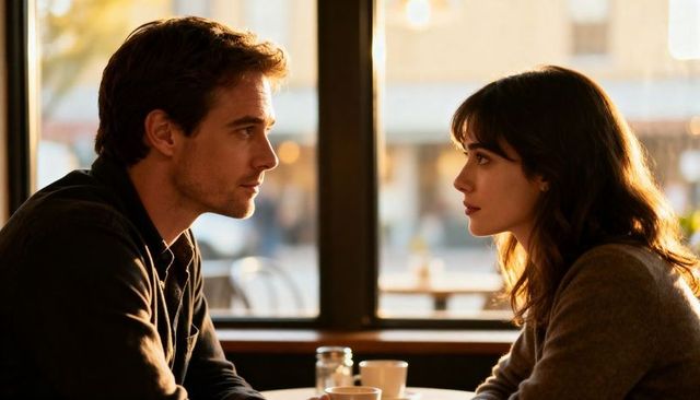 Couple sharing intimate conversation at cafe table backlit warmth and romance