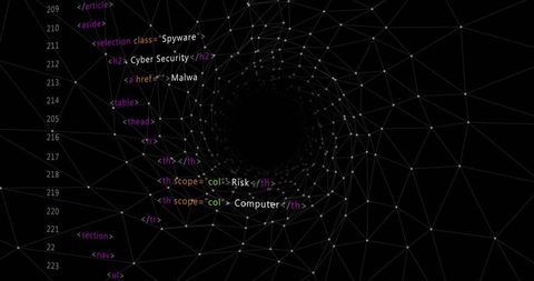 Neon Wireframe Tunnel Spiral with Code Overlay and Digital Mesh for Cybersecurity Concept
