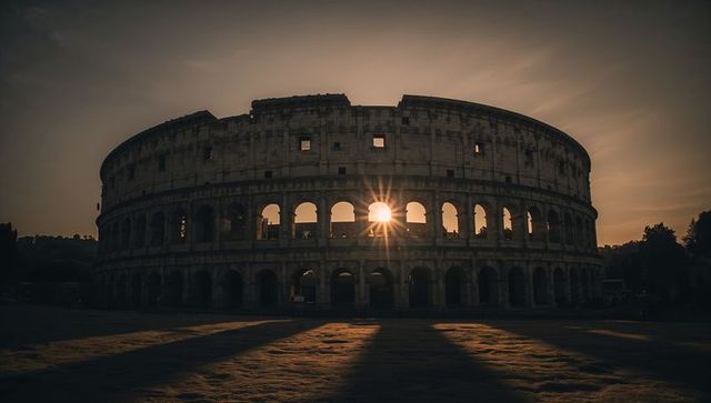 Sunburst through colosseum arches at sunset casting long shadows and warm golden glow