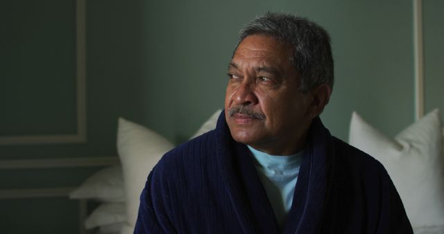 Contemplative Senior Man in Bathrobe Looking Away Thoughtfully - Download Free Stock Images Pikwizard.com