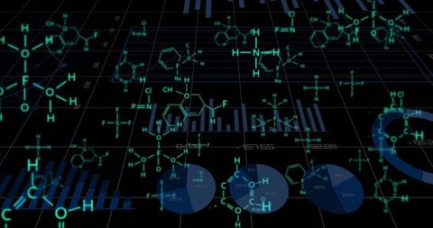Neon holographic chemistry dashboard displaying molecular formulas, charts and analytics