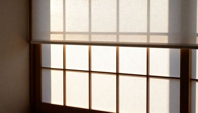 Warm sunlight bathing shoji-style window with lowered roller shade and frosted panels