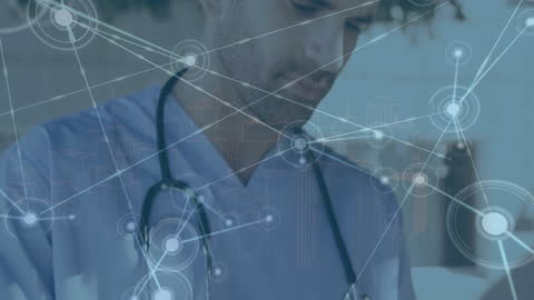 Doctor Utilizing Tablet in Hospital with Global Tech Interface Overlay