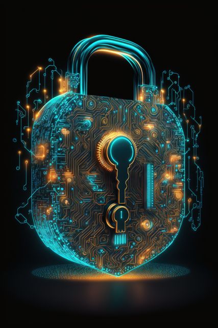 Futuristic digital padlock glowing with neon blue and orange circuitry, representing advanced data protection and cybersecurity. Ideal for illustrating cyber technology, secure access, and high-tech encryption concepts in security articles, technology blogs, digital security platforms, or cybersecurity awareness campaigns.