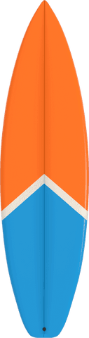 Vibrant Orange and Blue Transparent Surfboard with Accent Stripe