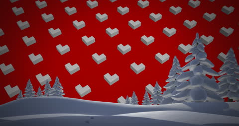 Isometric Snowy Landscape with Falling Geometric Hearts