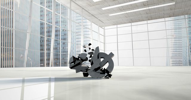 A shattered 3D model of the ampersand symbol lies in pieces on a sleek floor of a modern, minimalist interior space, with copy space. The image conveys a concept of broken communication or the disruption of continuity in a stylish, contemporary setting.