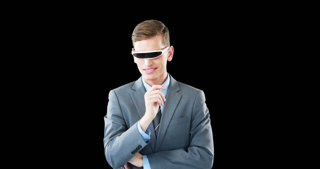 Smiling Man Wearing Futuristic VR Glasses Isolated on Black Background - Download Free Stock Images Pikwizard.com