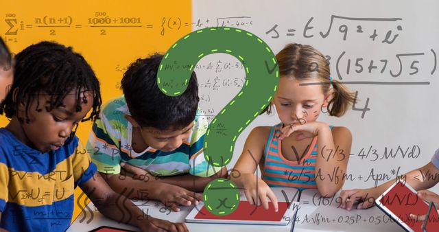 Image of green question mark and maths equations over diverse primary school class. education, school and learning concept digitally generated image.