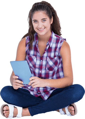 Transparent Young Woman Sitting with Tablet Smiling Brightly
