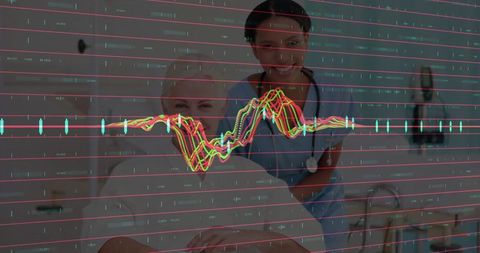 Nurse Supporting Senior Patient with Heart Rate Chart Overlay