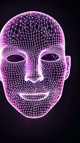 Rotating Neon Wireframe Face Video Loop Showing Glowing Magenta Mesh Head with Hollow Eyes