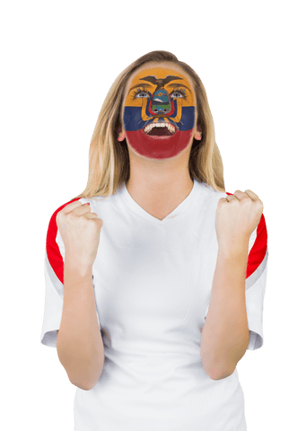 Excited Ecuador Fan with Flag Face Paint Celebrates Victory on Transparent Background