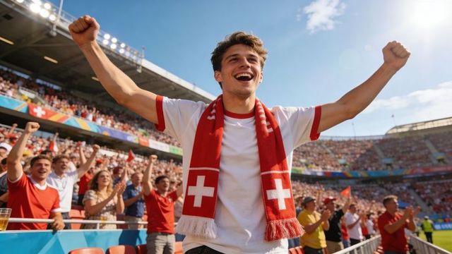 Young swiss football fan cheering with raised arms and red scarf in packed stadium