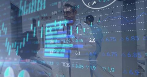 Consulting doctor using tablet with financial market data overlay in hospital corridor