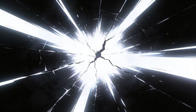 Radial glass fracture with intense white burst, jagged cracks and high-contrast glow