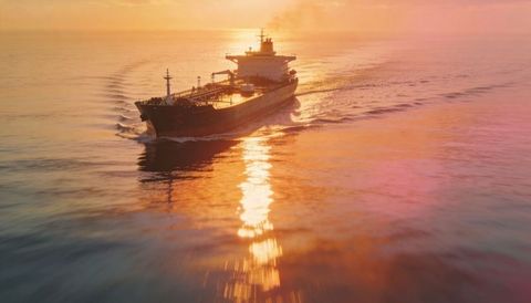 Large tanker cruising at sunset with golden reflection, deck piping and horizon glow