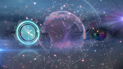 Futuristic Globe with Digital Clock and Network Overlay