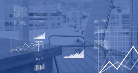 Glass office workspace featuring data visualization overlays and city skyline