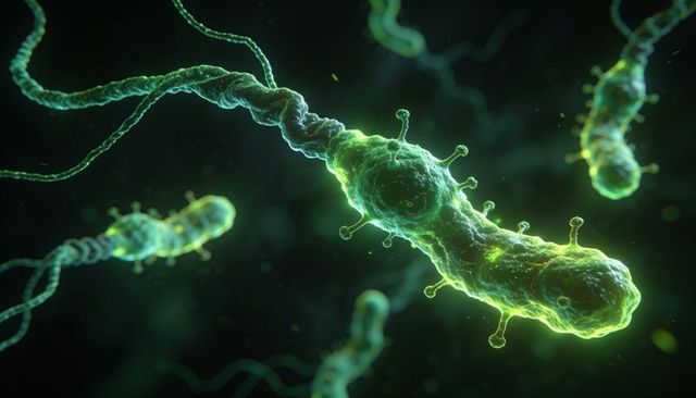 Glowing filamentous bacterium with bulbous nodes and flagella in dark fluid, fluorescent