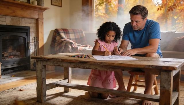 Father guiding daughter drawing at rustic wooden table by fireplace in warm autumn sunlight