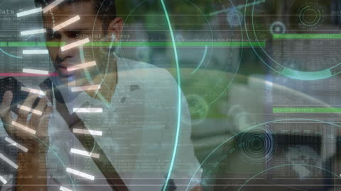 Businessman Using Smartphone with Futuristic Financial Interface