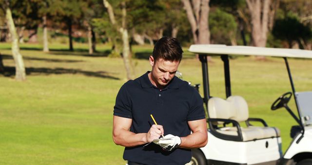 Golfer Writing Scores on Golf Course on Sunny Day - Download Free Stock Images Pikwizard.com