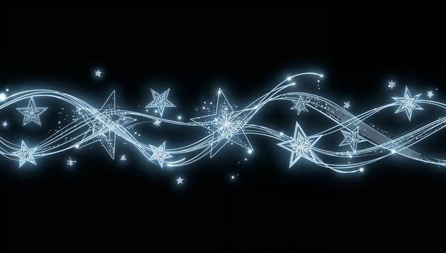 Glowing Star Ribbon Weaving Across Black Background with Neon Light Trails and Sparkles