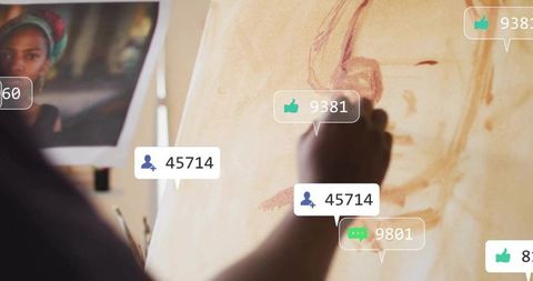 Artist sketching portrait with social media interface elements