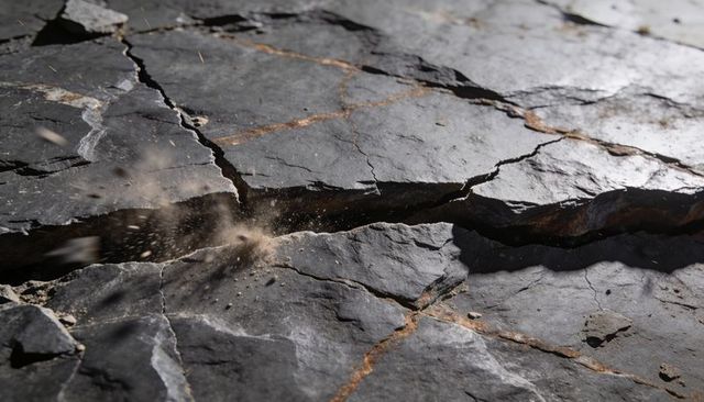 Sunlit fractured bedrock with central fissure ejecting dust plume and rust veins