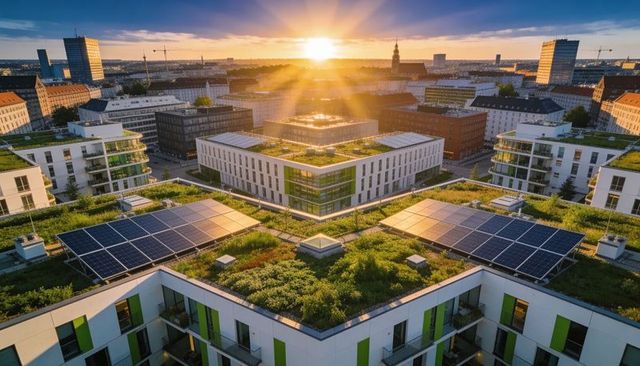 Sunset glowing sustainable rooftop complex with solar panels and green roofs, urban skyline