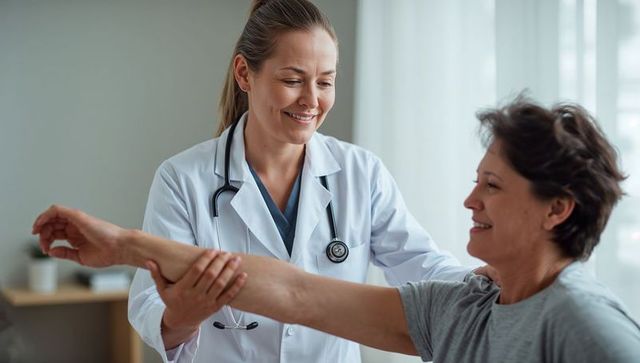 Female doctor examining patient arm during outpatient physical assessment in bright clinic