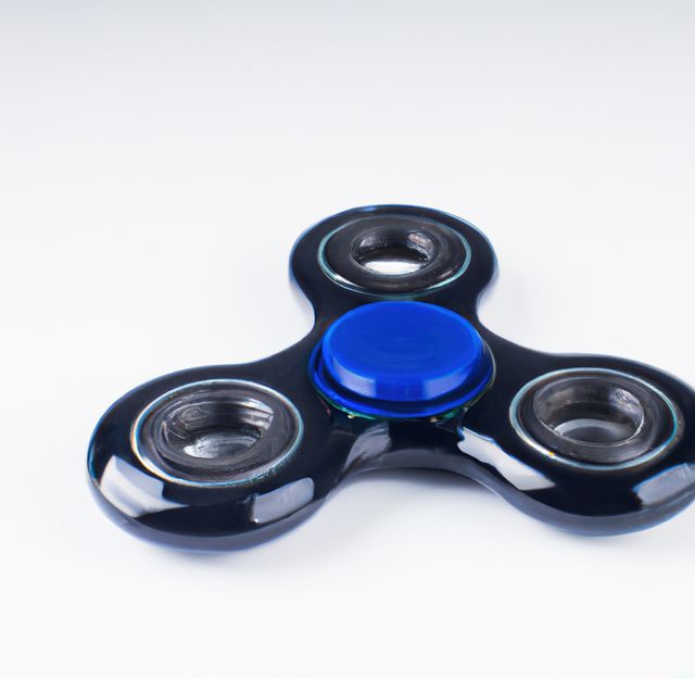 Black and blue plastic fidget spinner resting on white background. Ideal for relaxation or stress relief-related content, toy industry marketing, promoting concentration and focus tools, or articles discussing the benefits of handheld devices for anxiety relief.