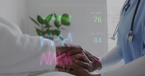 Compassionate nurse holding elderly patient hands at bedside with vital signs overlay