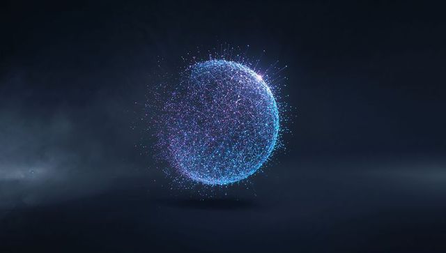 Hovering digital network sphere emitting cyan and violet light for ai and tech concept
