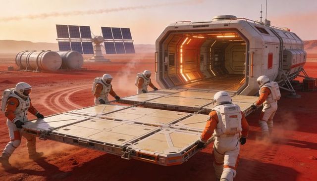 Mars habitat crew assembling loading ramp on red regolith with solar arrays at sunrise