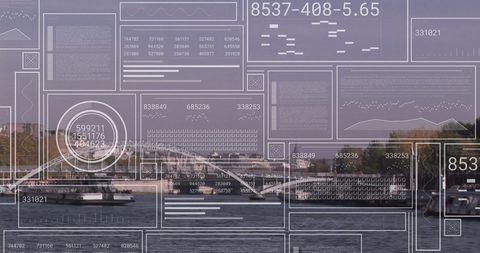 futuristic digital interface overlooking urban waterfront - Download Free Stock Images Pikwizard.com