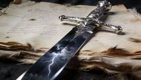 Engraved silver-hilt sword reflecting lightning over aged manuscript and feathers
