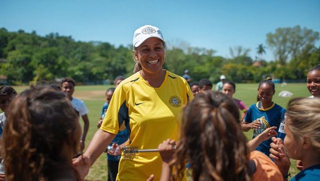 Female coach leading youth team on field, smiling in yellow jersey and cap