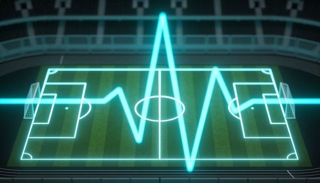 Neon soccer pitch tracing ecg waveform across futuristic stadium with glowing goal nets