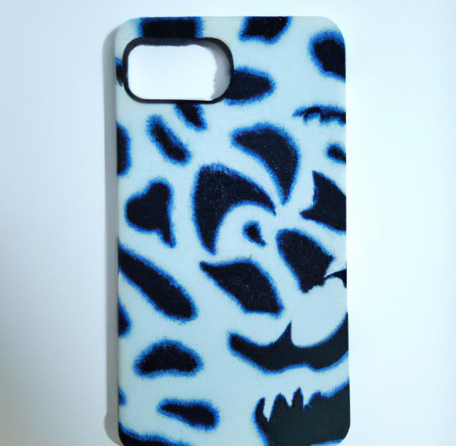 Close up of blue phone case with pattern on white background. Phone accessories, design and protection.