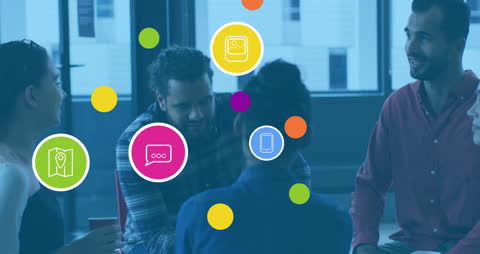 Young Professionals Collaborative Meeting with Digital Interface Overlay