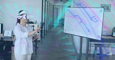 Businesswoman Engaging with AR in Futuristic Office