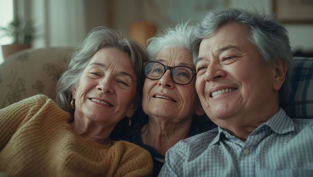Happy Senior Siblings Relaxing in Cozy Living Room