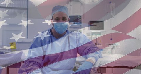 Patriotic Healthcare: Doctor Wearing Mask with American Flag Overlay