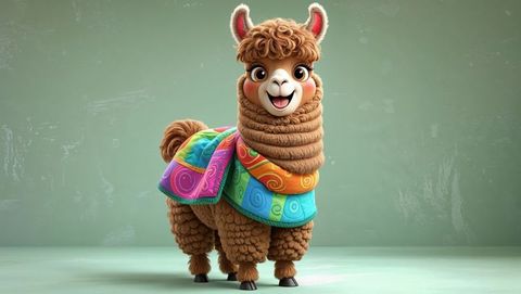 Stylized fluffy brown llama with rainbow blanket