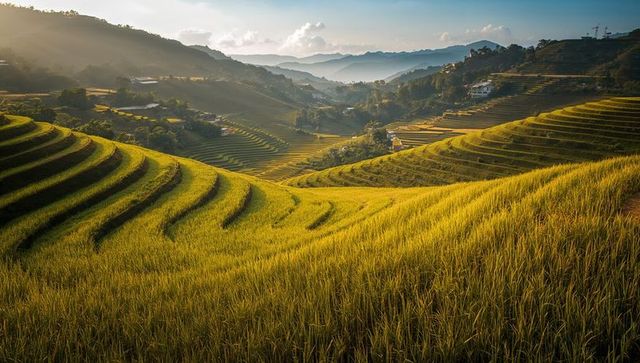 Golden terraced rice fields cascading across sunlit hills and misty mountain valley