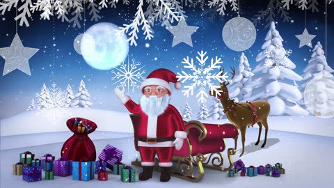 Festive Santa with Sleigh and Reindeer in Winter Wonderland